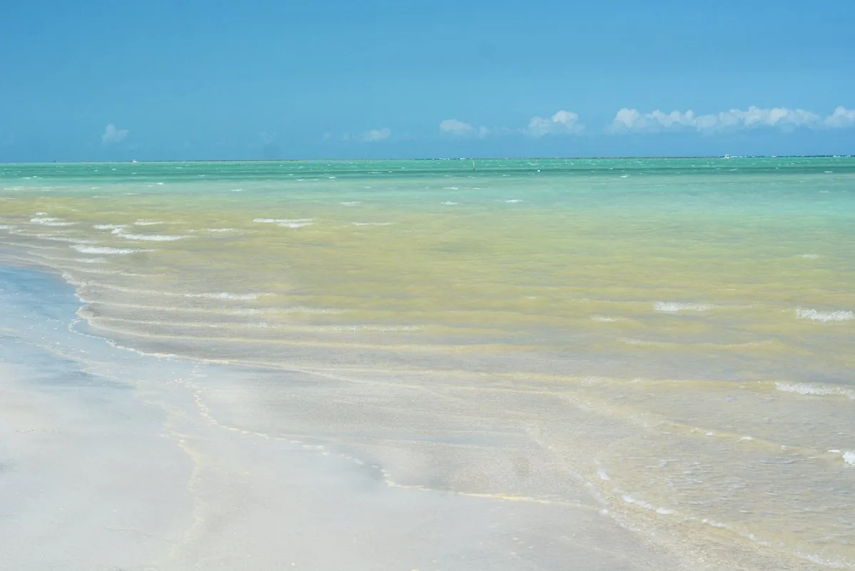 Água transparente sobre a areia branca, na Praia de Antunes, em Maragogi