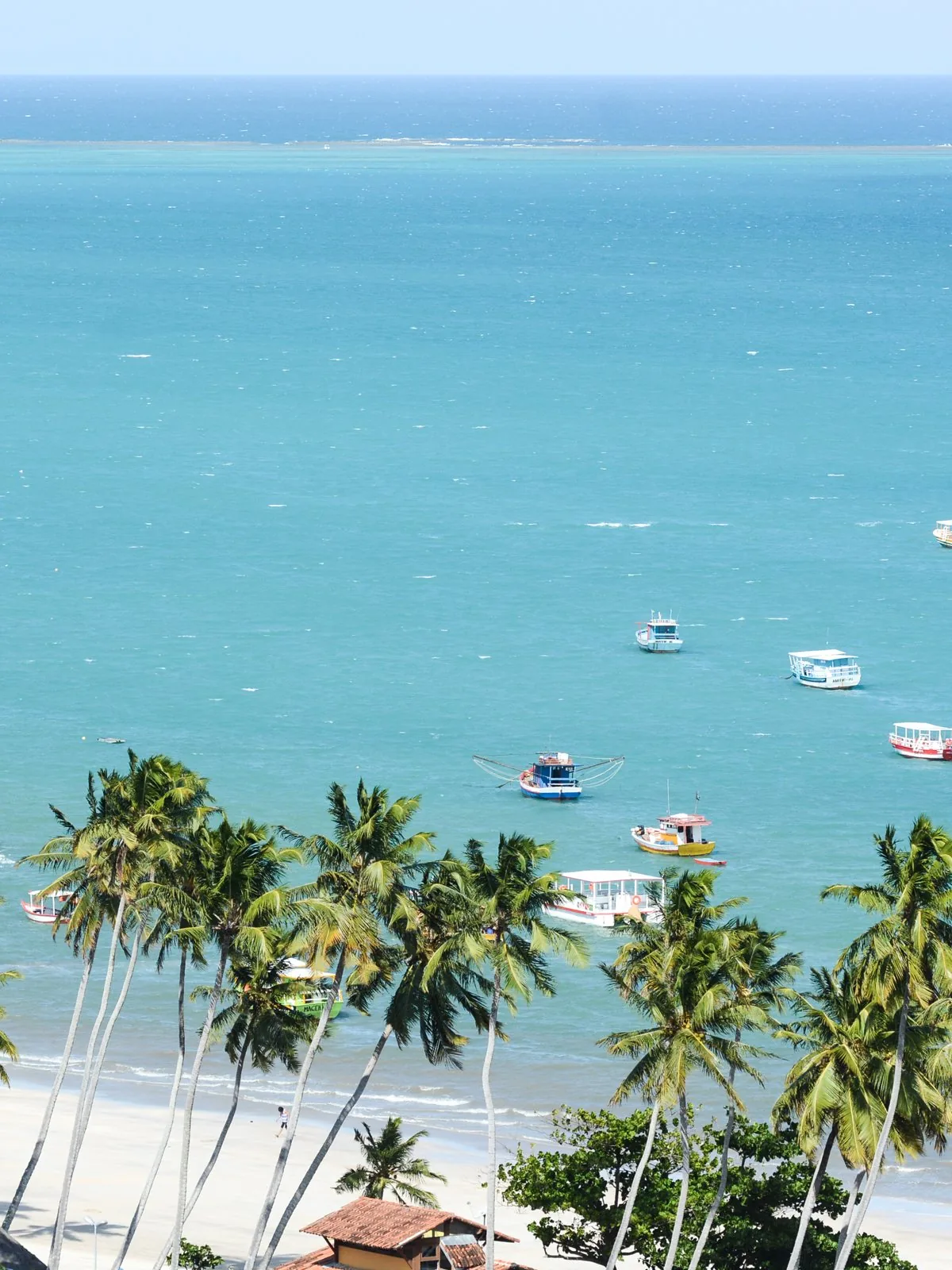Orla de Maragogi, em Alagoas — mar turquesa, coqueiral e a linha de recifes ao fundo
